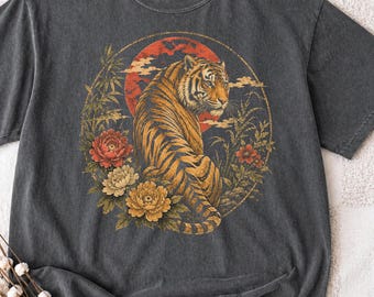 Retro Tiger Linocut T-Shirt | Vintage Big Cat & Floral Wildlife Block Print | Safari Style | Goth Grunge Alt | Animal Lover Gift | Lino Cut