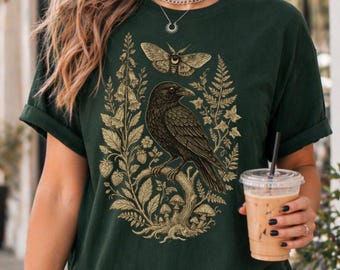Raven Moth Lino Cut Style Vintage Floral Cottagecore Shirt, Wildflower Meadow, Woodland Shirt