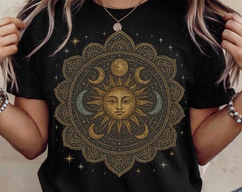 Boho Moon and Sun Spiritual Pattern T-Shirt, Mystical Shirt, Artsy Tee,  Aesthetic T-Shirt, Spiritual Boho tee Mandala Style Design Shirt
