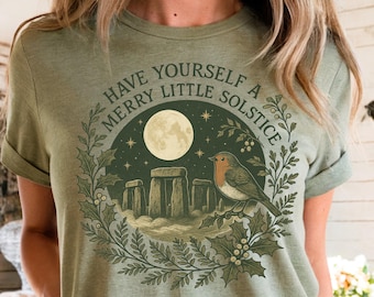 Vrolijk winterzonnewende T-shirt | Retro heidens kerstshirt | Stonehenge Robin Boho Natuur Volle Maan Druïdisch Festival Wicca Heksenshirt