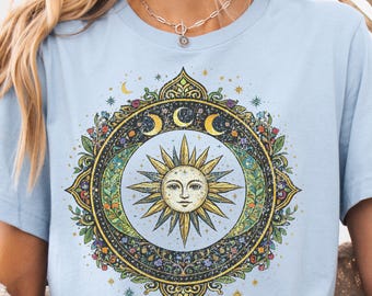Bohemian Floral Sun Mandala T-Shirt - Vibrant Celestial Nature Inspired Wildflower Design
