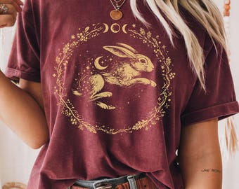 Moon Gazing Hare Retro Pagan Imbolc T-shirt Spiritual Bohemian Forest Folklore Magic Ostara Nature Tee