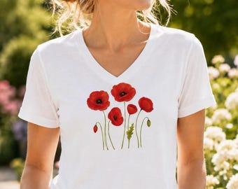 Stunning Poppies V-neck T-Shirt | Remembrance Day Gift | Nature & Gardening Fan Tee