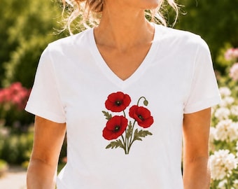 Stunning Poppies V-neck T-Shirt | Remembrance Day Gift | Nature & Gardening Fan Tee