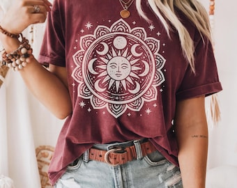 Boho Moon and Sun Spiritual Pattern T-Shirt, Mystical Shirt, Artsy Tee,  Aesthetic T-Shirt, Spiritual Boho tee Mandala Style Design Shirt