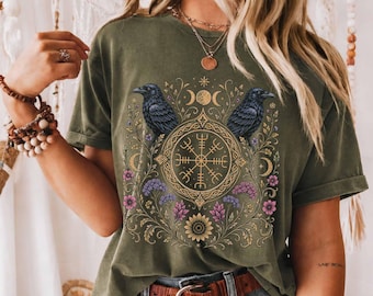 Viking Raven Vegvisir Nordic T-shirt, Wayfinder Compass Bohemian Ravens Odin Norse Mythology Shirt, Wildflower Floral Botanical Boho Tee