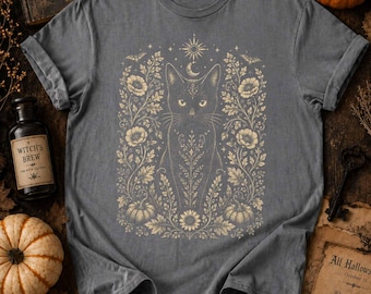 Black Cat Halloween Bats Pumpkin Dahlia Shirt, Spooky Cat Tee, Cozy Fall Shirt Cat Mom Autumn Shirt