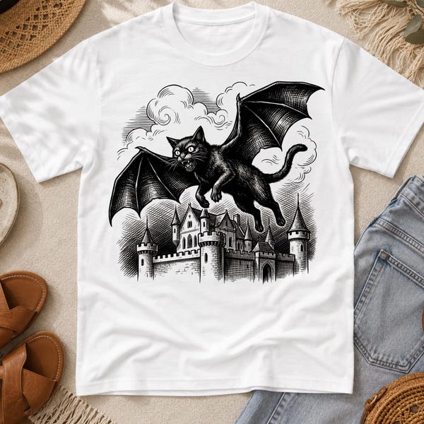 Weird Medieval Cat Dragon  T-shirt Retro Dark Art Cat Lover Marginalia Cottagecore Grimdark Gothic Mythical Renaissance Fair Cat Shirt