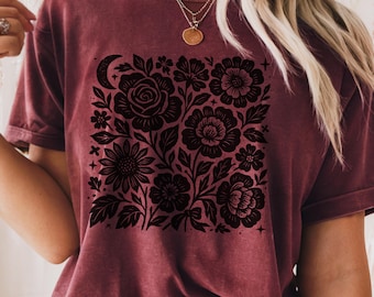 Floral Lino-Cut Rose Moon T-Shirt | Botanical Artsy Tee | Retro Boho Aesthetic Flower Shirt | Gift for Gardener Plant Rose Lover
