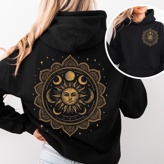 Boho Sun and Moon Hoodie - Bohemian Retro Moon Phase Design - Women's Spiritual Cottagecore Pullover
