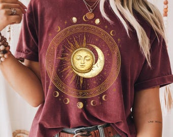 Boho Moon Phases and Sun Spiritual Pattern Festival T-Shirt, Mystical Shirt, Celestial T-Shirt, Spiritual Boho Tee