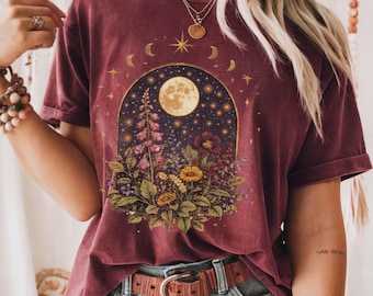 Boho Celestial Moon Spiritual Floral T-Shirt, Mystical Shirt, Spiritual Boho tee