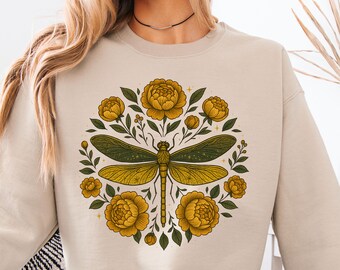 Floral Dragonfly Sweatshirt | Bohemian Cottagecore Gift for Her | Nature Lover Tee