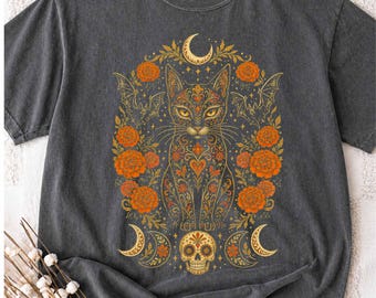 Day of the Dead Black Cat T-Shirt | Halloween Sugar Skull Moon | Witchy Mexican Inspired Muertes | Spooky Season | Catshirt Lover Celestial