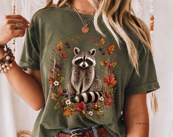 Raccoon Boho Floral Cottagecore Gardener Shirt, Raccoon Botanical Tee, Wildlife Nature Flowers Shirt, Animal Lover Gift