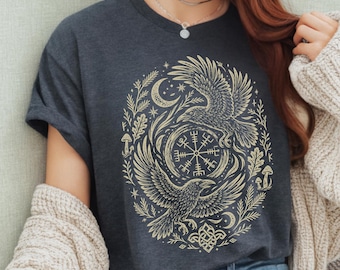 Viking Raven Vegvisir T-Shirt, Nordic Wolf Norse Mythology Shirt, Boho Wildflower Compass Tee, Wayfinder Viking Gift, Botanical Wolf Shirt