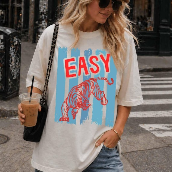 Easy Tiger T-Shirt Distressed Tiger Tee Retro Vintage Style Preppy Summer Beachy Aesthetic Graphic Big Cat Bright Colors Unisex Shirt