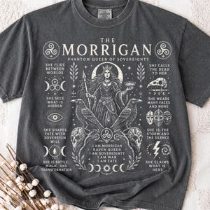 Puede incluir: Camiseta gris oscuro con un gráfico detallado de The Morrigan, la Reina Fantasma de la Soberanía. El diseño incluye texto e ilustraciones de cuervos, calaveras y una figura femenina central. La camiseta tiene cuello redondo.
