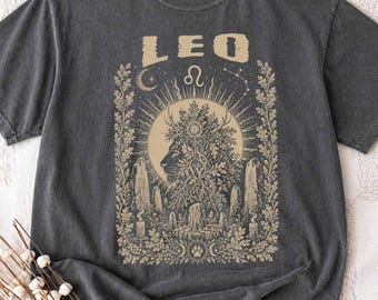 Koszulka vintage z motywem zodiaku Lew, koszulka z motywem astrologii i tarota w stylu retro grunge, koszulka z motywem botanicznym lwa, prezent dla osoby spod znaku zodiaku Lew