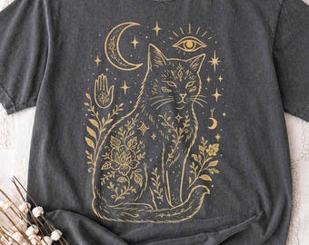 Celestial Moon Cat Pagan Goth Witch T-Shirt | Witchy Tarot Wiccan Boho Magical | Mystical Spiritual T | Lover Apparel | Folk Magic | Style