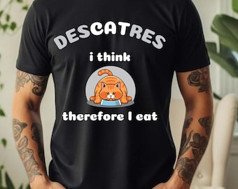 Camiseta unisex divertida con la filosofía del gato de Descartes, humor retro, regalo para amantes de los gatos y filósofos.