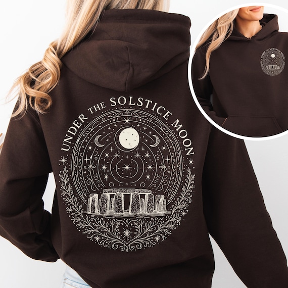 Solstice Pagan Hippy Stonehenge Moon Hoodie - Bohemian Retro Folklore - Unisex Spiritual Cottagecore Pullover