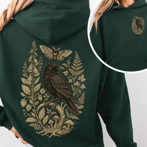 Raven Moth Lino Cut Style Vintage Floral Cottagecore Backprint Hoody Sweatshirt, Wildflower Meadow, Woodland Hoodie Forest Green