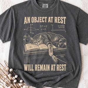 Puede incluir: Una camiseta gris carbón con un gráfico de un gato atigrado durmiendo sobre un libro abierto. El texto dice AN OBJECT AT REST WILL REMAIN AT REST. El diseño incluye un diagrama de física con un despertador, una pluma y etiquetas científicas.