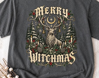 Witchy Winter Yule T-Shirt, Mystical Pagan Stag Christmas Shirt, Alternative Goth Holiday Tee, Spiritual Gift for Her, Occult Festive Top