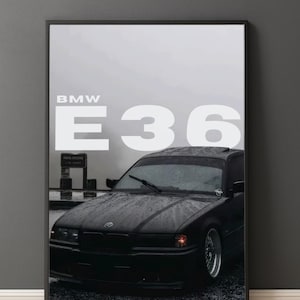 May include: Black BMW E36 car poster. The poster features a black car with the text "BMW E36" in white. The car is parked in front of a parking sign. The image has a moody, overcast aesthetic.