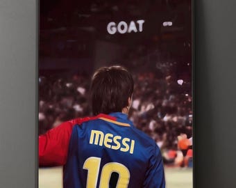 May include: Framed print featuring a soccer player in a blue and red jersey with the name "MESSI" and the number "10" on the back. The word "GOAT" is visible above the player in the background. The image is set against a blurred stadium backdrop.