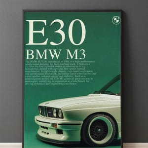 May include: A framed poster featuring a white BMW M3 E30 car on a green background. The text reads E30 BMW M3, followed by a paragraph detailing the vehicle's history, engine specifications, and performance characteristics in white lettering.