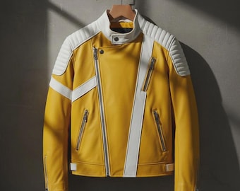 Handmade Two-Tone Sheepskin Leather Biker Jacket – Yellow & White