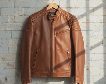 Men's Brown Sheepskin Biker Jacket – Handmade Slim Fit Leather Coat