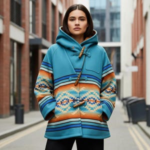 May include: A turquoise hooded coat with a Southwestern-inspired pattern in orange, blue, and cream. The coat features wooden toggle closures and a front pocket. The model is wearing black pants. The coat is made of a thick, warm material.