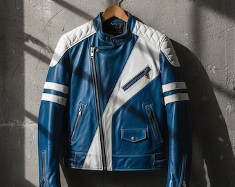 Handmade Blue & White Sheepskin Biker Jacket – Slim Fit YKK Zipper