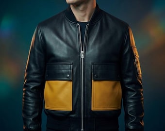 Men's Black Genuine Leather Bomber Jacket with Yellow Utility Pockets - Handmade Premium Slim Fit Streetwear Fashion Outerwear
