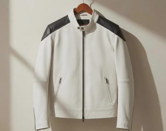 Handmade White Sheepskin Biker Jacket: Slim Fit, Racing Style