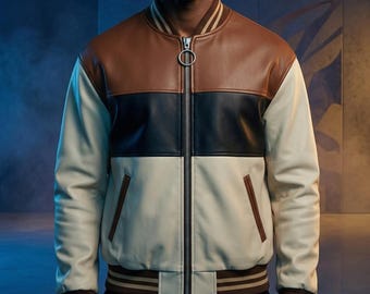 Handmade Two-Tone Cowhide Leather Bomber Jacket | Multi-Band Design