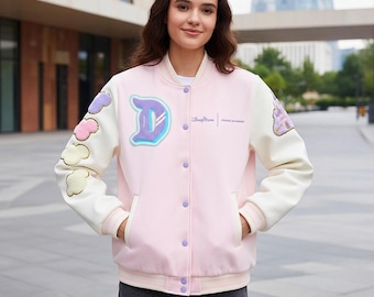 Women’s Pink Varsity Jacket Retro Pastel Letterman Style Wool Blend Coat