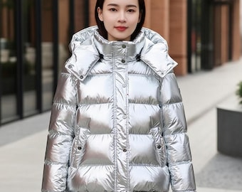 Handmade Women’s Metallic Silver Puffer Jacket with Hood | Shiny Down Coat | Trendy Winter Outerwear