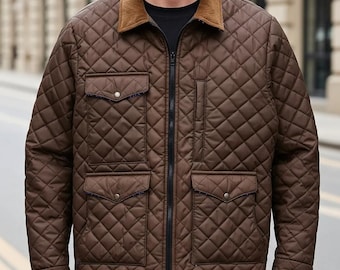 Men’s Brown Quilted Ranch Jacket – Western Cowboy Cotton Coat