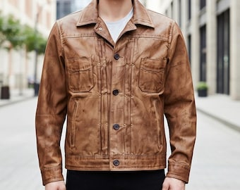 Handmade Brown Waxed Cotton Jacket: Men's Cowboy Ranch Outerwear