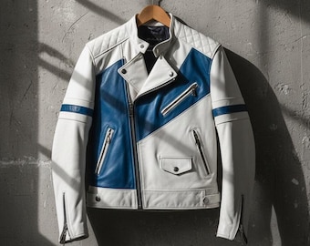 Handmade White and Blue Sheepskin Biker Jacket – Slim Fit Racing Coat