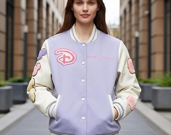 Handmade Clover Logo Varsity Jacket | Women’s Lavender Retro College Coat | Cute Gift