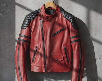 Red & Black Sheepskin Biker Jacket - Handmade Slim Fit Leather Coat