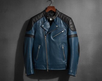 Handmade Royal Blue Sheepskin Biker Jacket, Slim Fit
