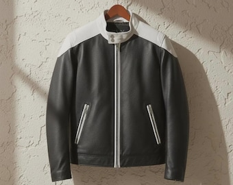 Handmade Two-Tone Sheepskin Leather Jacket – Minimalist Biker, Slim Fit