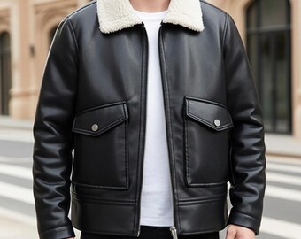 Handmade Real Leather Aviator Jacket: Men's Sherpa Collar Bomber