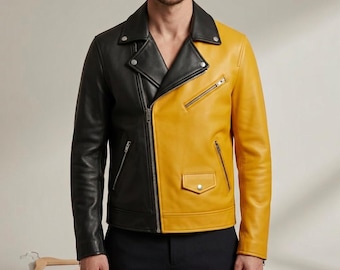 Unisex Black and Yellow Biker Leather Jacket Slim Fit Handmade Motorcycle Streetwear Coat Bold Colorblock Sheepskin Fashion